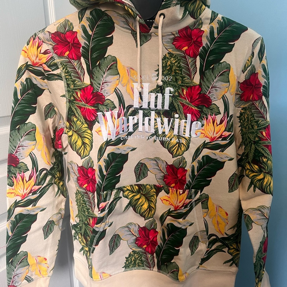HUF Cream Tropical Floral Hoodie with Green & Red Accents - Picture 2 of 3